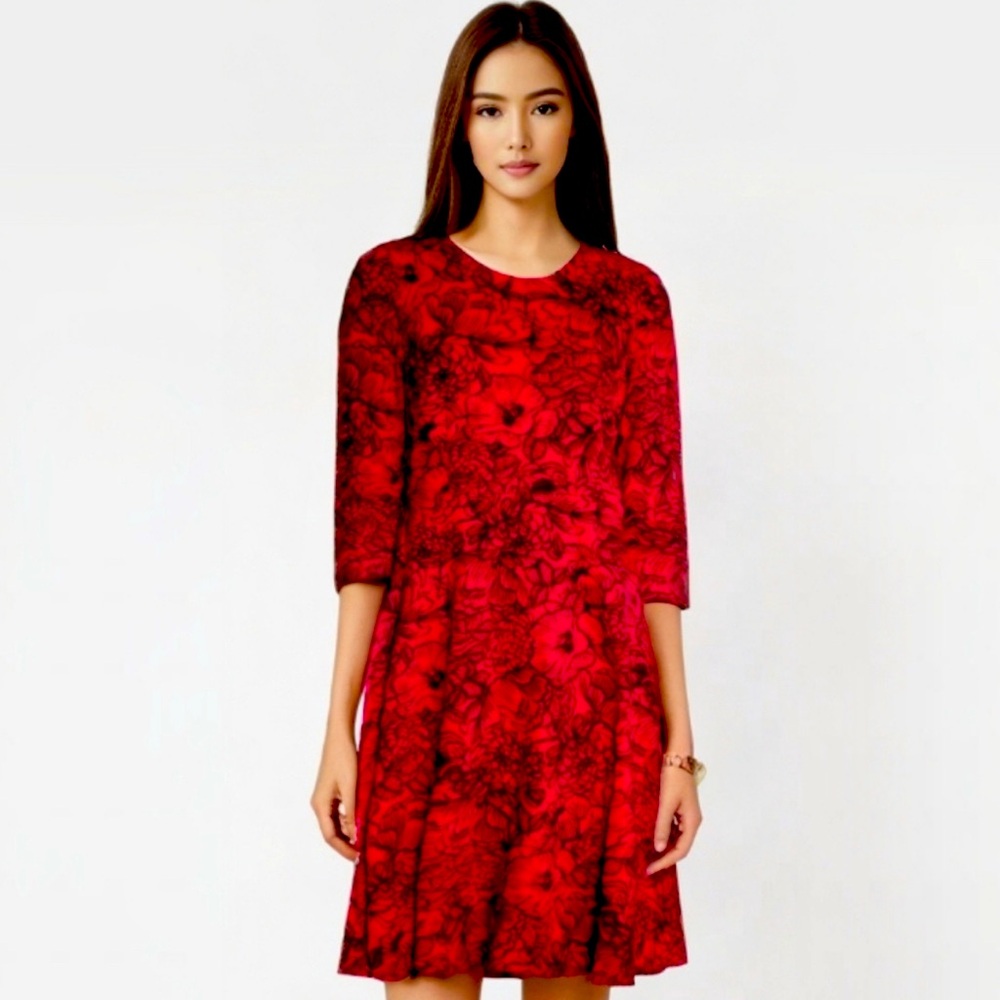 Lands End Red and Black Floral Velvet Motif 3/4 Sleeve Fit and Flare Dress